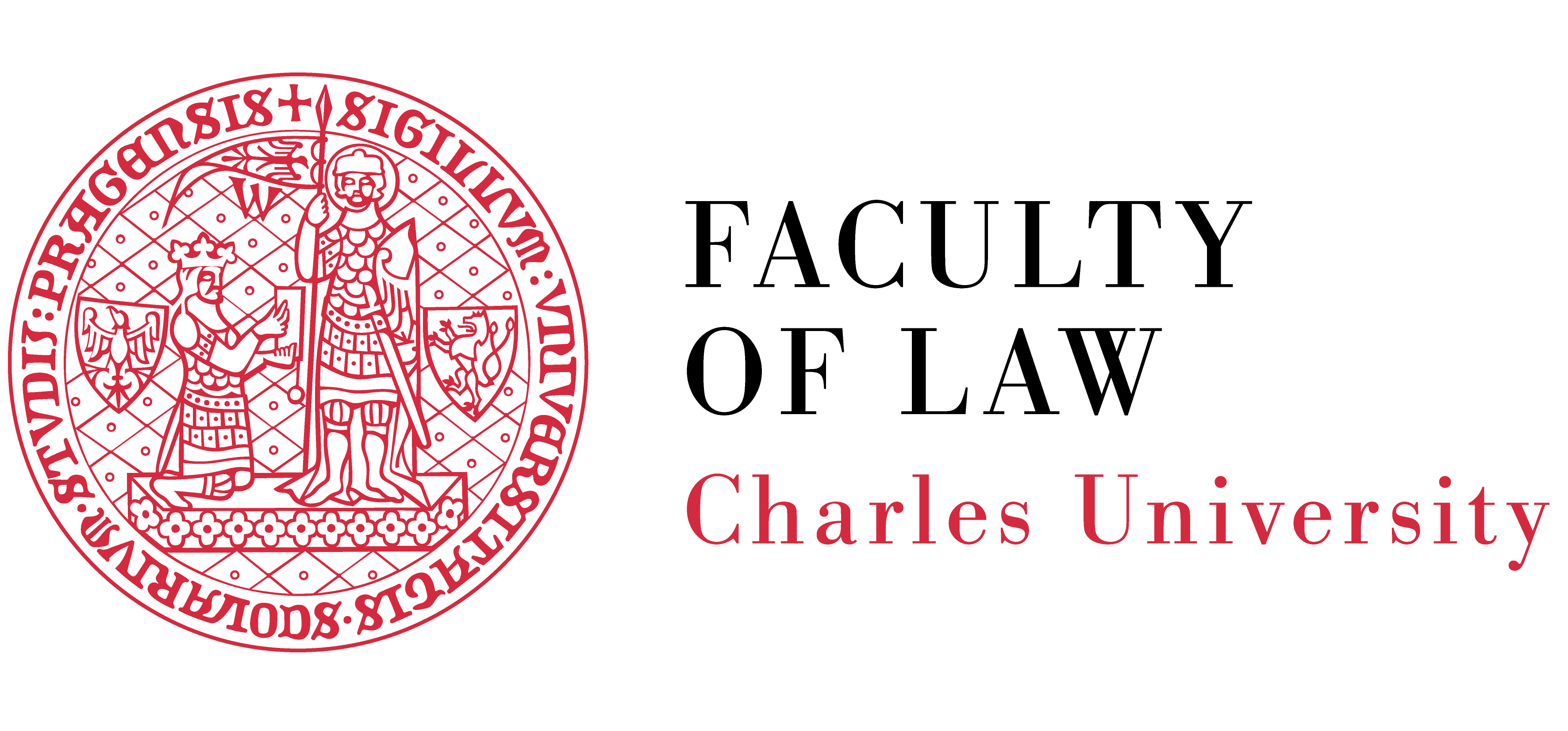 Logo Charles University faculty of law, obok nazwy widać czerwoną pieczęć z klęczącym królem i stojącym mężczyzną