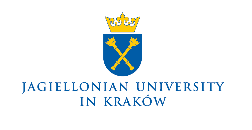 Logo UJ z niebiesko złotym herbem, nad herbem złota korona