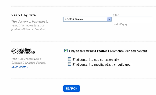 Screen obrazujący opcje wyszukiwania w serwisie flickr